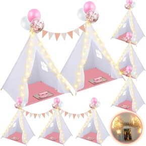 Windyun 8 Pack Teepee Tent for Kids with Light Blankets and Trays, Natural Cotton Toddler Play Tent, Washable Children's Sleepover Teepee for Girls Boys Indoor Outdoor Slumber Party Birthday Gifts