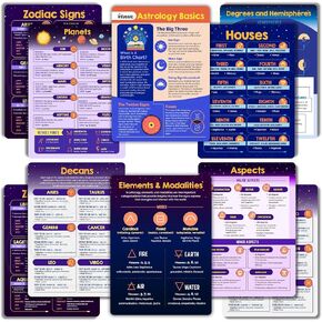 Astrology Basics Cheat Sheet Bundle - Grimoire Pages - Astrology Guide for Beginners | Zodiac Signs, Aspects, Planets, Houses, Decans, Elements, Modalities, Degrees, Hemispheres | 5 Double-Sided Cards
