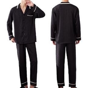 Men's Long Sleeve Silk Satin Pajama Sets,V-Neck Loungewear Button-Down Top with Pocket and Pants Pj Sets for Man