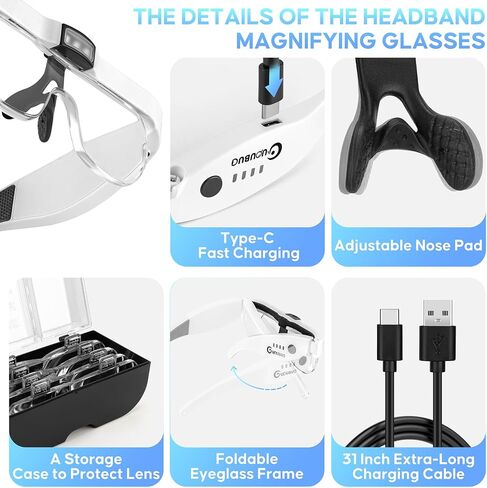 Magnifying Glass with Light, 1.5X-5.0X Magnifying Glasses, Rechargeable Magnifying Headset with Light, Head Magnifier with 4 Detachable Lenses, Magnifying Glasses for Close Work Crafts Jewelry in Saudi Arabia