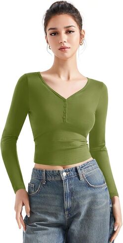 SUUKSESS Women Long Sleeve Henley T Shirts Button Down Slim Fit Tee Crop Top in Saudi Arabia