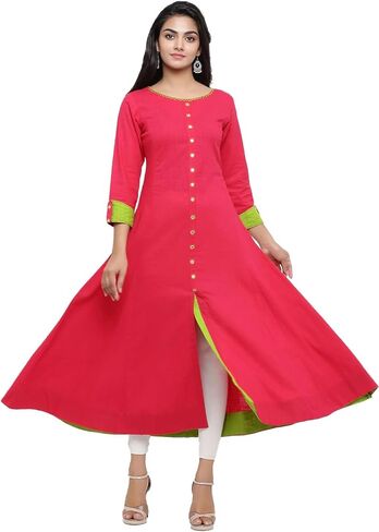 Yash Gallery Women's Cotton Slub Embroidered Anarkali Kurta in Kuwait