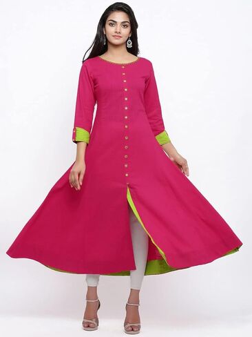 Yash Gallery Women's Cotton Slub Embroidered Anarkali Kurta in Kuwait