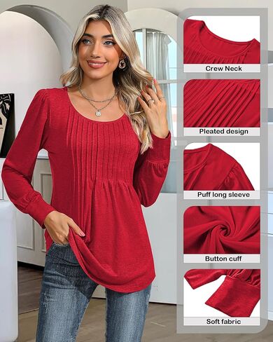 Long Sleeve Shirts Womens Fall Tops Dressy Casual Business Blouses Fashion 2024 Pleated Tunic Tops for Leggings in Kuwait