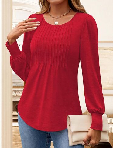 Long Sleeve Shirts Womens Fall Tops Dressy Casual Business Blouses Fashion 2024 Pleated Tunic Tops for Leggings in Kuwait