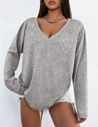 PRETTYGARDEN Womens Fall Fashion 2024 T Shirts Casual Long Sleeve V Neck Tunic Tops Loose Basic Tees in Saudi Arabia