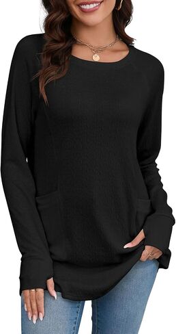 Poetsky Long Sleeve Shirts for Women Dressy Casual loose fit Fall Crew Neck Tunic Tops blouses with Thumb Holes in Saudi Arabia