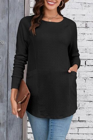Poetsky Long Sleeve Shirts for Women Dressy Casual loose fit Fall Crew Neck Tunic Tops blouses with Thumb Holes in Saudi Arabia
