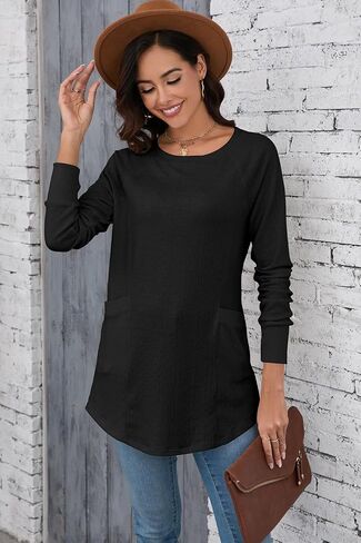 Poetsky Long Sleeve Shirts for Women Dressy Casual loose fit Fall Crew Neck Tunic Tops blouses with Thumb Holes in Saudi Arabia