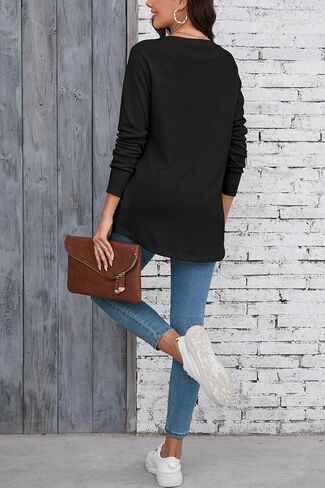 Poetsky Long Sleeve Shirts for Women Dressy Casual loose fit Fall Crew Neck Tunic Tops blouses with Thumb Holes in Saudi Arabia