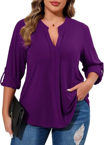 Beauhuty Womens Plus Size Tops Split V Neck Tunic Pleated Shirts Casual Trendy Flowy Dressy Blouses Roll up Sleeves in Kuwait