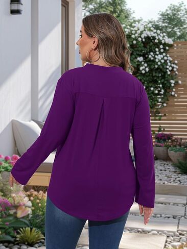 Beauhuty Womens Plus Size Tops Split V Neck Tunic Pleated Shirts Casual Trendy Flowy Dressy Blouses Roll up Sleeves in Kuwait