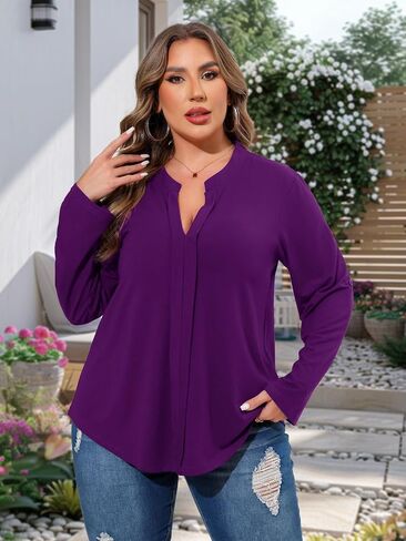 Beauhuty Womens Plus Size Tops Split V Neck Tunic Pleated Shirts Casual Trendy Flowy Dressy Blouses Roll up Sleeves in Kuwait