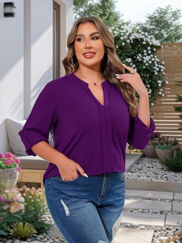Beauhuty Womens Plus Size Tops Split V Neck Tunic Pleated Shirts Casual Trendy Flowy Dressy Blouses Roll up Sleeves in Kuwait
