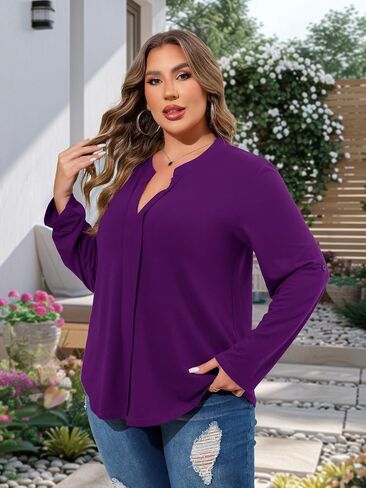 Beauhuty Womens Plus Size Tops Split V Neck Tunic Pleated Shirts Casual Trendy Flowy Dressy Blouses Roll up Sleeves in Kuwait
