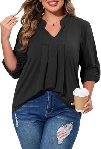 Beauhuty Womens Plus Size Tops Split V Neck Tunic Pleated Shirts Casual Trendy Flowy Dressy Blouses Roll up Sleeves in Kuwait