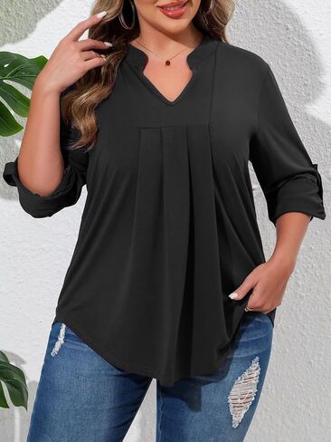 Beauhuty Womens Plus Size Tops Split V Neck Tunic Pleated Shirts Casual Trendy Flowy Dressy Blouses Roll up Sleeves in Kuwait