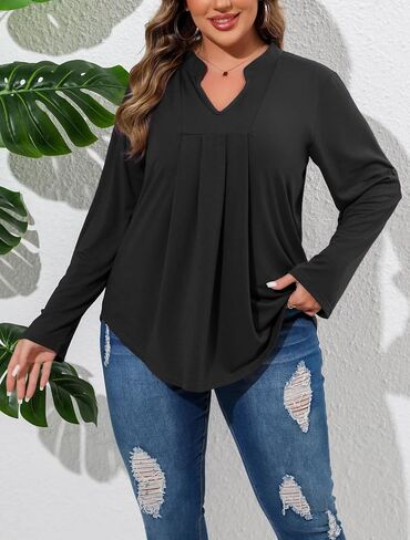 Beauhuty Womens Plus Size Tops Split V Neck Tunic Pleated Shirts Casual Trendy Flowy Dressy Blouses Roll up Sleeves in Kuwait