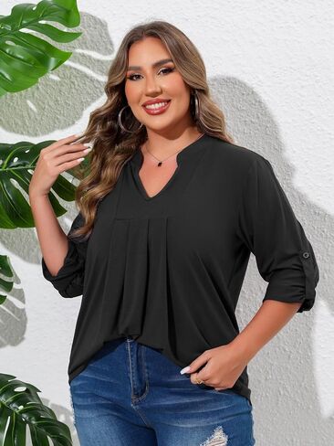 Beauhuty Womens Plus Size Tops Split V Neck Tunic Pleated Shirts Casual Trendy Flowy Dressy Blouses Roll up Sleeves in Kuwait