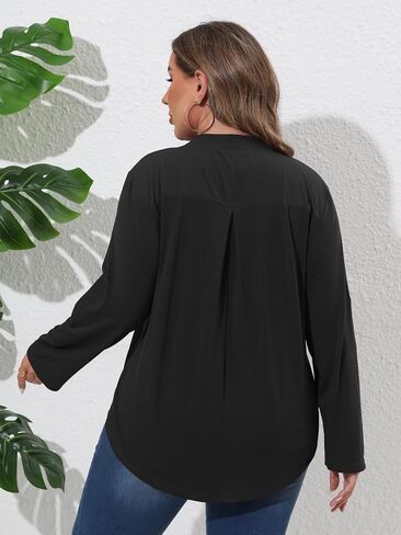 Beauhuty Womens Plus Size Tops Split V Neck Tunic Pleated Shirts Casual Trendy Flowy Dressy Blouses Roll up Sleeves in Kuwait