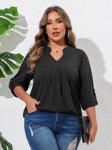 Beauhuty Womens Plus Size Tops Split V Neck Tunic Pleated Shirts Casual Trendy Flowy Dressy Blouses Roll up Sleeves in Kuwait