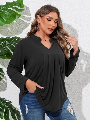 Beauhuty Womens Plus Size Tops Split V Neck Tunic Pleated Shirts Casual Trendy Flowy Dressy Blouses Roll up Sleeves in Kuwait