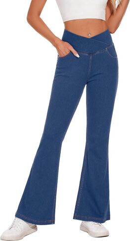 Desol Bell Bottom Jeans for Women Strechy Flare Pull On Jeans High Cross Waisted Tummy Control Bootcut Pants with Pockets in Kuwait