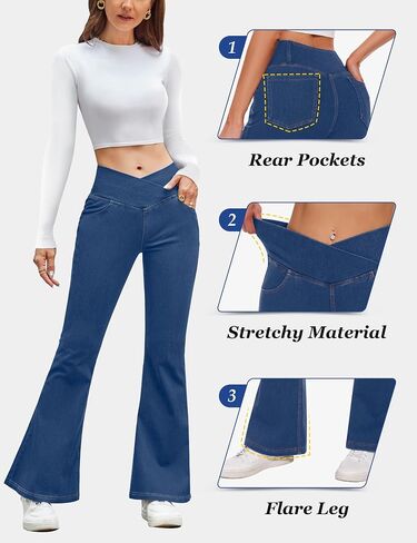 Desol Bell Bottom Jeans for Women Strechy Flare Pull On Jeans High Cross Waisted Tummy Control Bootcut Pants with Pockets in Kuwait