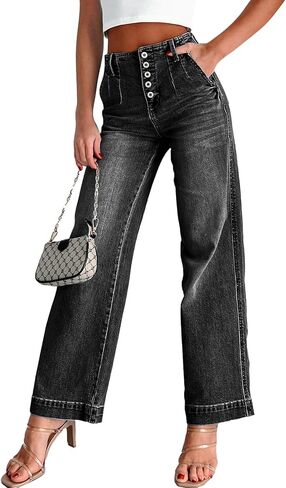 بنطال جينز Sidefeel نسائي واسع الساق بخصر عالٍ وأزرار قابلة للتمدد وأرجل مستقيمة من قماش الدنيم in Kuwait