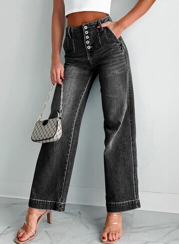 بنطال جينز Sidefeel نسائي واسع الساق بخصر عالٍ وأزرار قابلة للتمدد وأرجل مستقيمة من قماش الدنيم in Kuwait