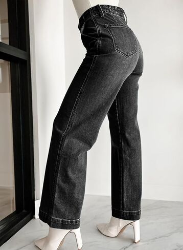 بنطال جينز Sidefeel نسائي واسع الساق بخصر عالٍ وأزرار قابلة للتمدد وأرجل مستقيمة من قماش الدنيم in Kuwait