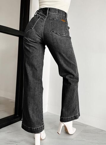 بنطال جينز Sidefeel نسائي واسع الساق بخصر عالٍ وأزرار قابلة للتمدد وأرجل مستقيمة من قماش الدنيم in Kuwait