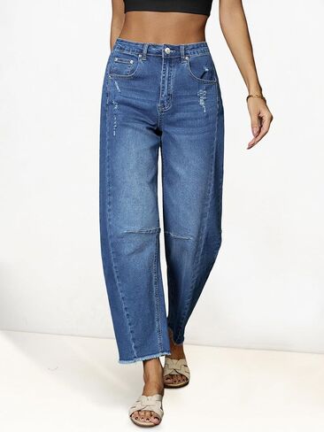 Genleck Barrel Jeans Women Wide Leg Vintage Baggy Ripped JeansY2k Boyfriend Denim Pants in Saudi Arabia
