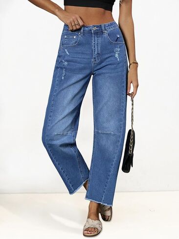 Genleck Barrel Jeans Women Wide Leg Vintage Baggy Ripped JeansY2k Boyfriend Denim Pants in Saudi Arabia