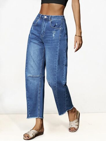Genleck Barrel Jeans Women Wide Leg Vintage Baggy Ripped JeansY2k Boyfriend Denim Pants in Saudi Arabia