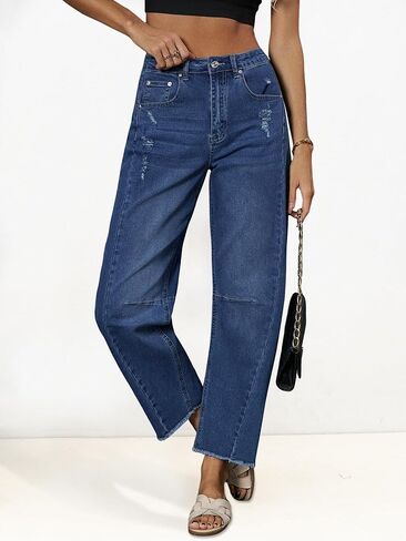 Genleck Barrel Jeans Women Wide Leg Vintage Baggy Ripped JeansY2k Boyfriend Denim Pants in Kuwait