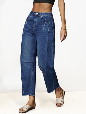Genleck Barrel Jeans Women Wide Leg Vintage Baggy Ripped JeansY2k Boyfriend Denim Pants in Kuwait