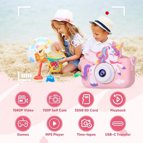 Unicorn Kids Digital Camera, Birthday Christmas Kids Toy Gifts for 5 6 7 8 9 10 Year Old Girls, 1080P HD Selfie Kids Camera Toys with 32GB Card in Saudi Arabia