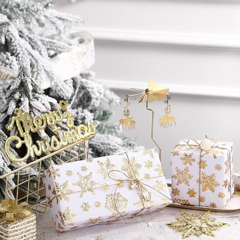 WRAPAHOLIC 3D Kraft Christmas Wrapping Paper Roll - Mini Roll - 17 Inch x 16.5 Feet - Gold and White Christmas Snowflake Design with Embossed Perfect for Holiday, Party Celebration in Saudi Arabia