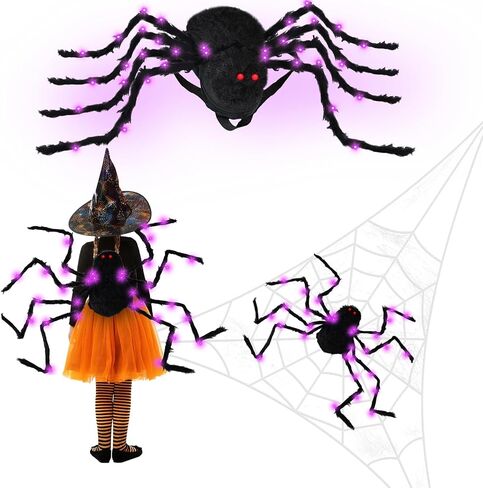 زي عنكبوت الهالوين للأطفال والكبار، ديكورات عنكبوت لشبكات العنكبوت، حقيبة ظهر عنكبوت مع 32 مصباح أرجواني LED in Saudi Arabia