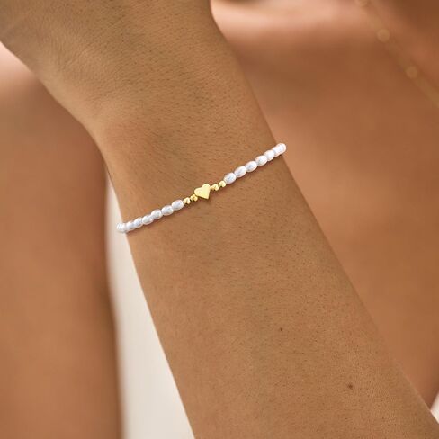 أساور اللؤلؤ الذهبية للنساء، أساور لؤلؤ المياه العذبة المطلية بالذهب عيار 14 قيراط، أساور أنيقة على شكل قلب مطرز باللؤلؤ، هدايا مجوهرات أنيقة للنساء in Kuwait