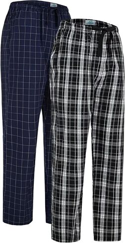 GLOBAL Men 100% Cotton Pajamas Plaid Pants Yarn-Dyed Comfy Trousers Pjs Drawstring Elastic Waistband Soft Woven Sleepwear in Saudi Arabia