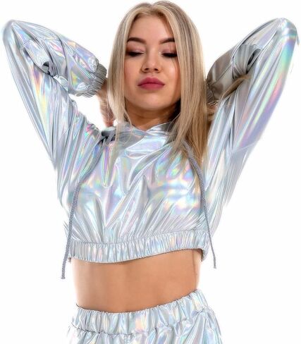 Ypser Holographic Crop Top Hoodies Shiny Metallic Top Rave Outfits For Women in Saudi Arabia