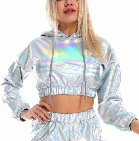 Ypser Holographic Crop Top Hoodies Shiny Metallic Top Rave Outfits For Women in Saudi Arabia