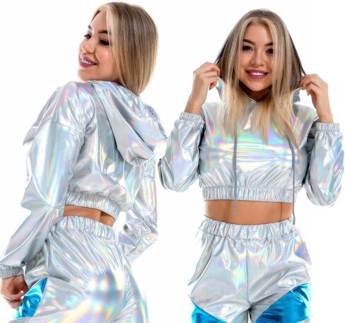 Ypser Holographic Crop Top Hoodies Shiny Metallic Top Rave Outfits For Women in Saudi Arabia