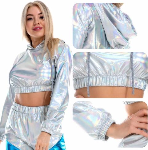 Ypser Holographic Crop Top Hoodies Shiny Metallic Top Rave Outfits For Women in Saudi Arabia