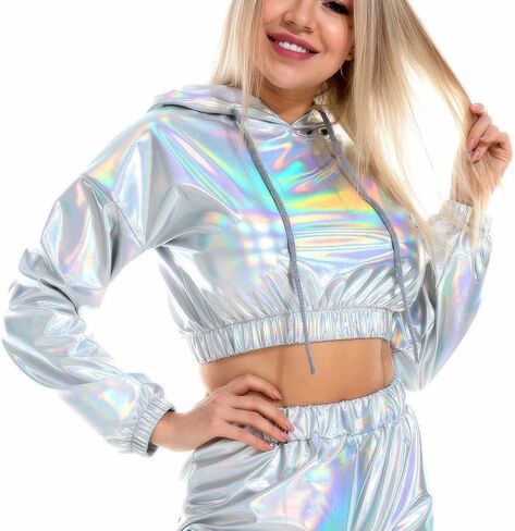 Ypser Holographic Crop Top Hoodies Shiny Metallic Top Rave Outfits For Women in Saudi Arabia