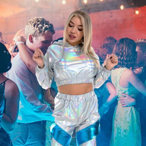 Ypser Holographic Crop Top Hoodies Shiny Metallic Top Rave Outfits For Women in Saudi Arabia