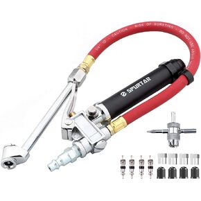 Spurtar 10-120 PSI Heavy Duty Tire Inflator Gauge Air Chuck with Pressure Gauge with 4 Way Tool and Valve Cores Tire Pressure Gauge with Inflator 12" Air Hose for Car Automotive Truck
