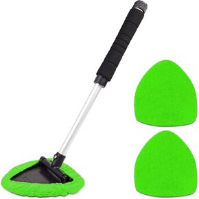 TAKAVU Car Window Cleaning Tool, Windshield Wiper Cleaner with Extendable Long-Reach Handle, 3 Washable Reusable Microfiber Bonnets, Car & Home Inside Interior Exterior Use - Lint Free (Grey)